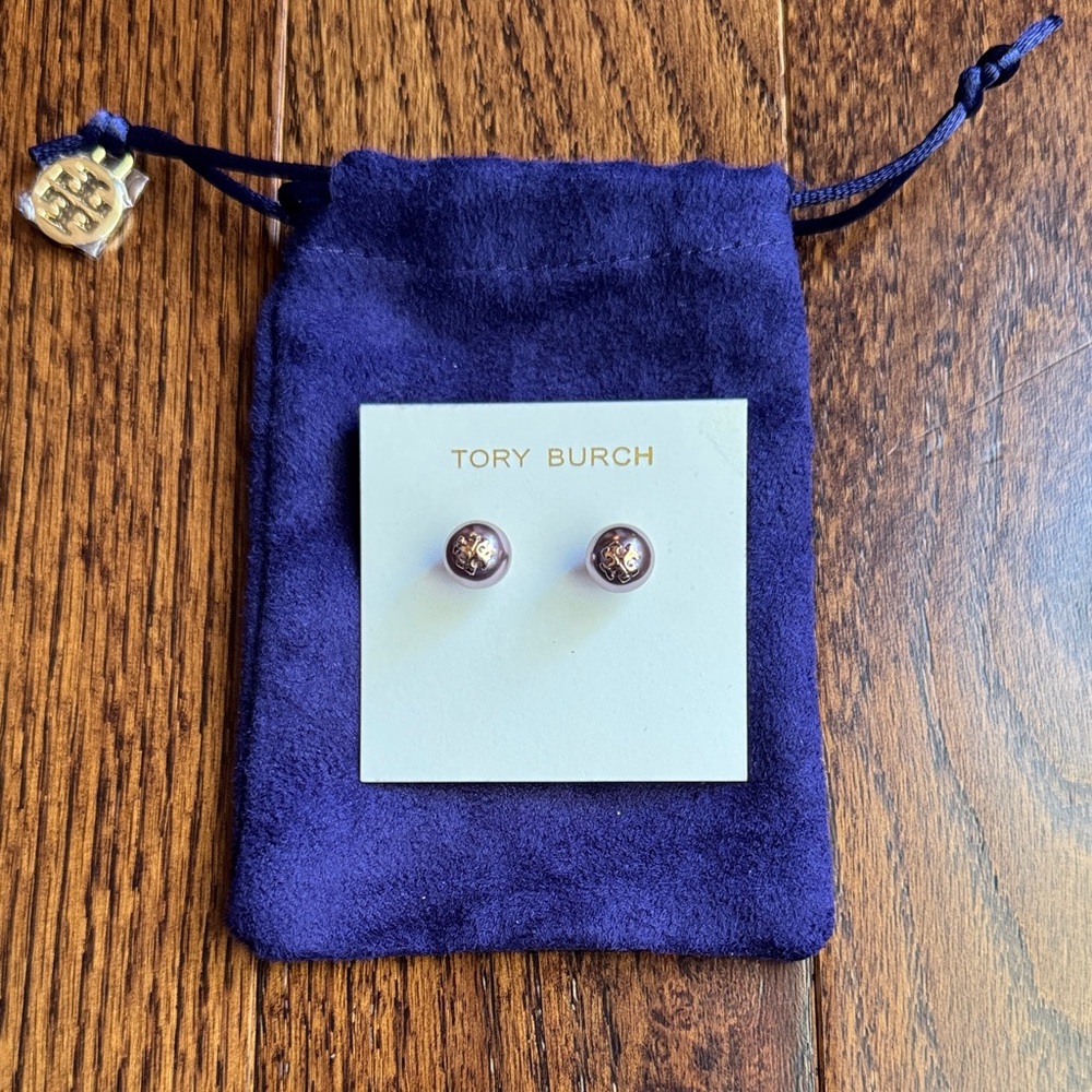 Tory Burch Kira Purple & Gold Logo Pearl Stud Earrings